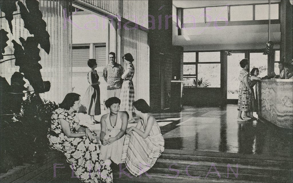 Interior view of the lobby at Mary Dillingham Frear Hall, the first women’s dormitory at the University of Hawaii’s Manoa campus, 1952