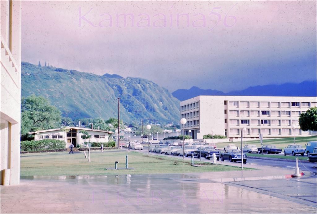 Looking mauka along East-West Road at the University of Hawaii’s Manoa Campus in Honolulu, 1967