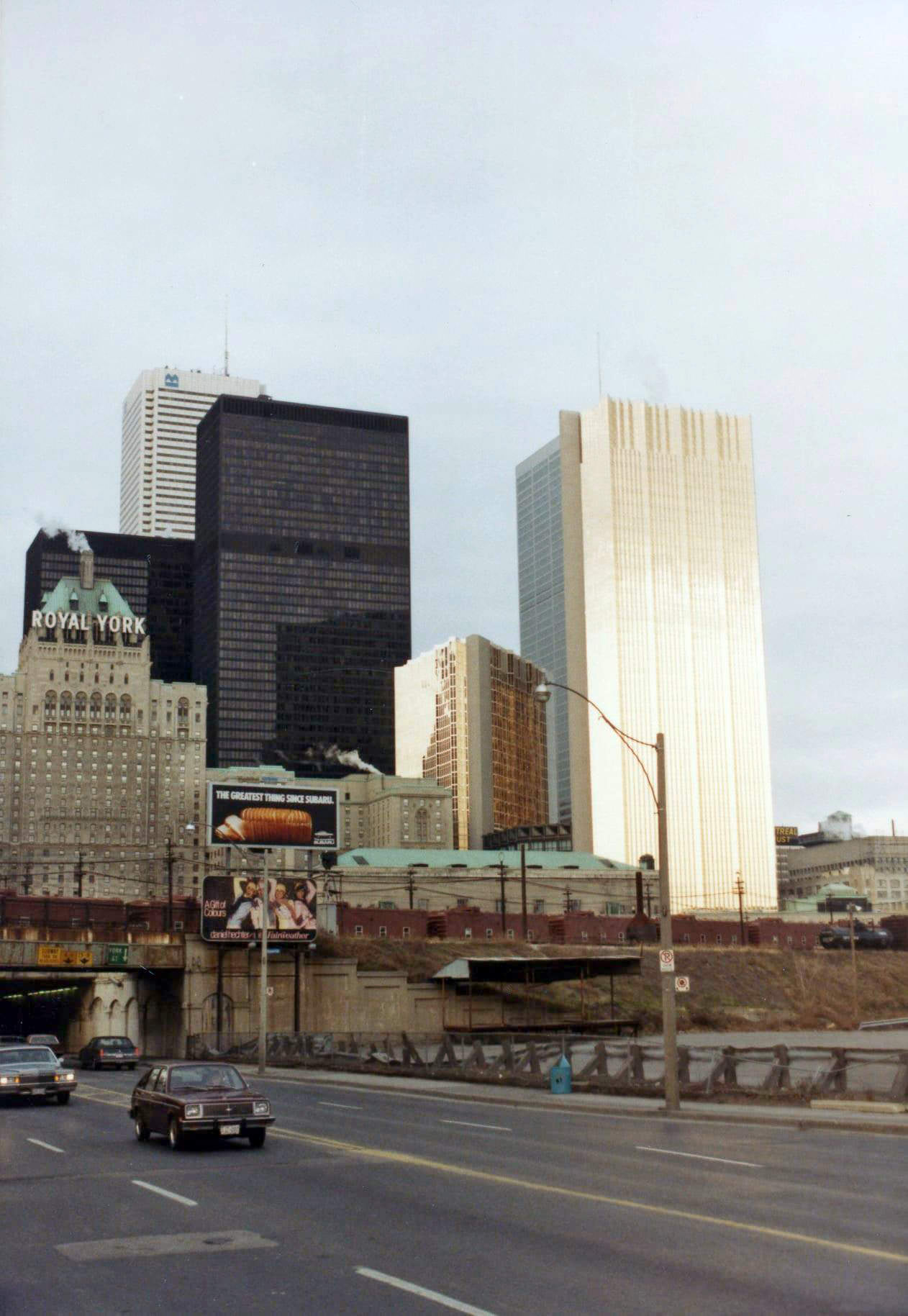 Looking north on York Street to Union Station, the Royal York Hotel and the Financial District, 1983.