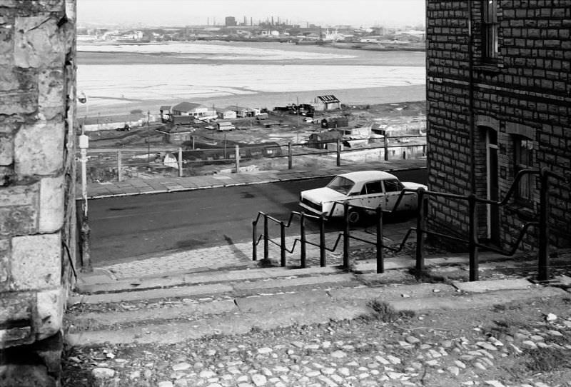 Hill St. A great shot looking over Penarth Docks to the Bay, Cardiff, January 1975