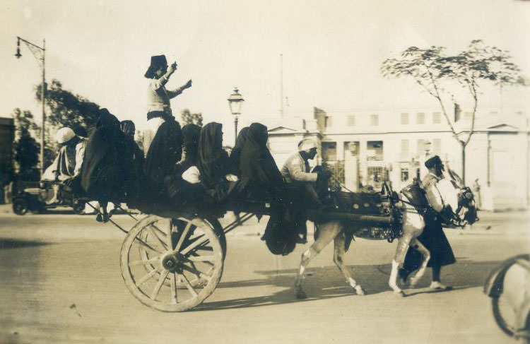 Egyptian ladies seated in a wagon, accompanied by four men