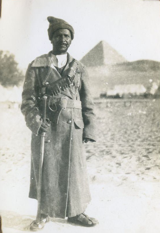 Egyptian Soldier, pyramid in background