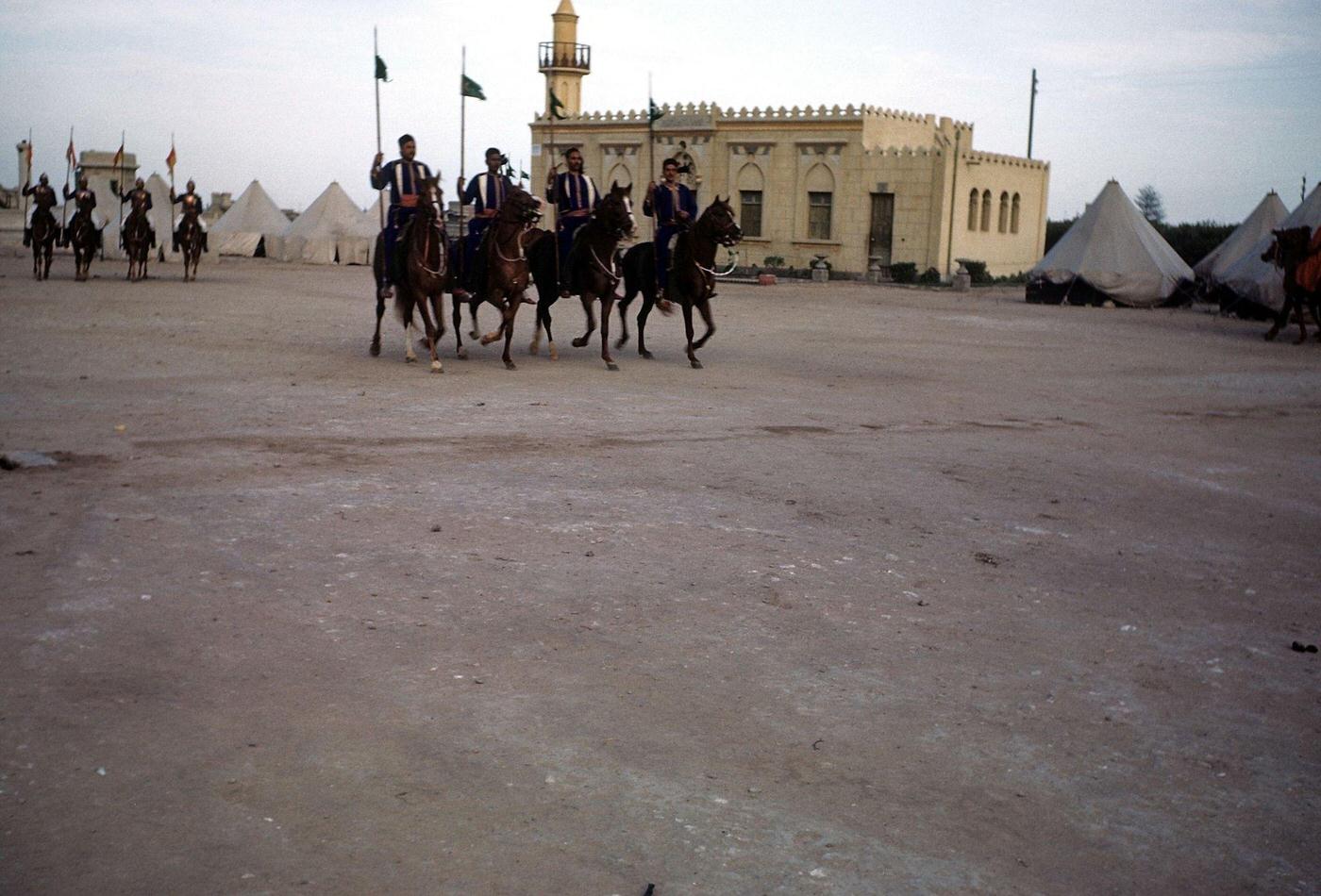 A view of Egyptian military guards riding horses in Alexandria, Egypt, 1948