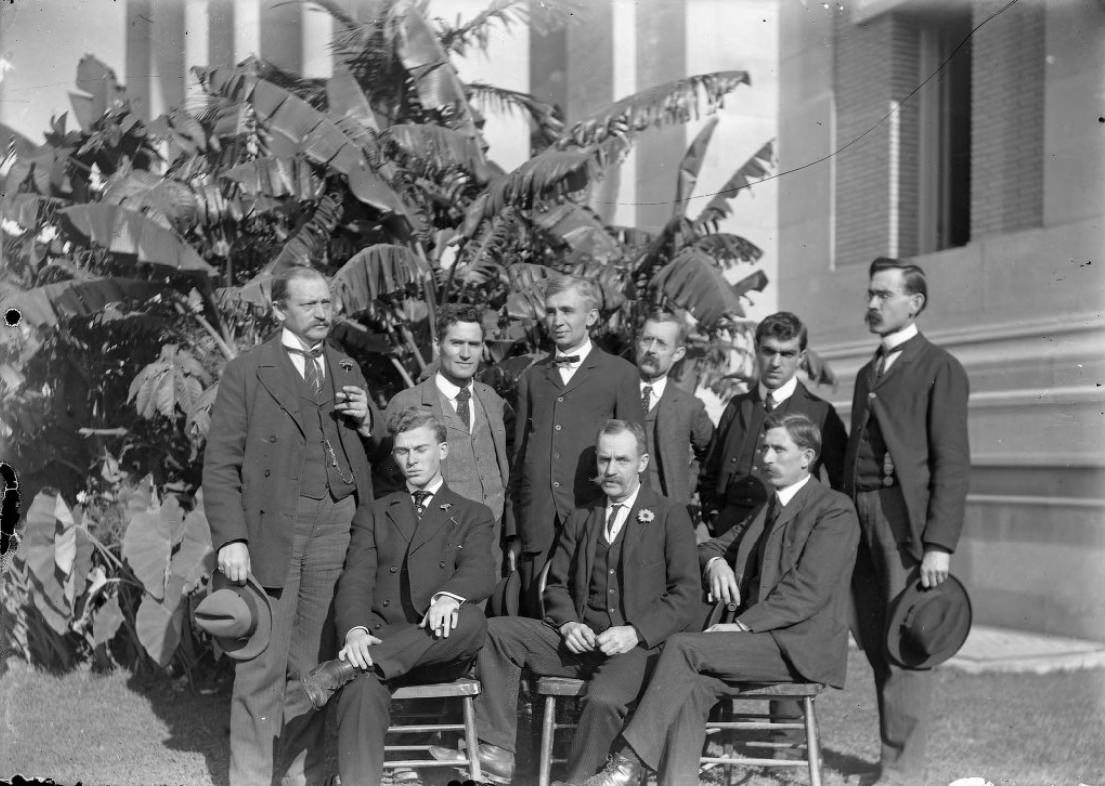 Three seated men, and six men standing behind the chairs. Directly behind them is a tight grouping of palm trees, 1900