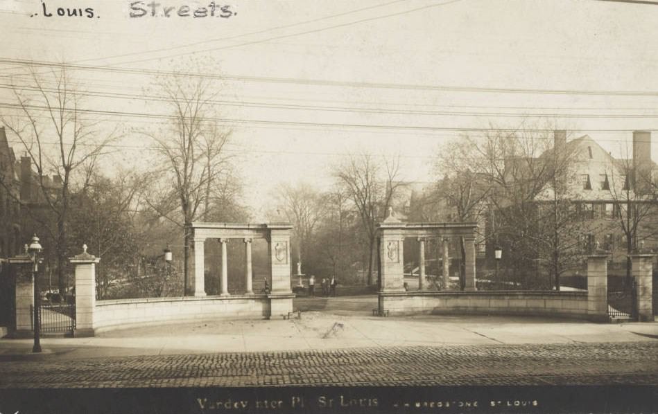 The entrance gates to Vandeventer Place, one of St. Louis exclusive, private residential streets, 1900