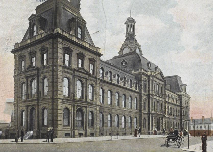 The Four Courts municipal building on Clark Avenue between 11th and 12th streets, 1905. The building housed a police station and jail. Designed by Thomas M. Walsh, it was built in 1871 and razed in 1927.