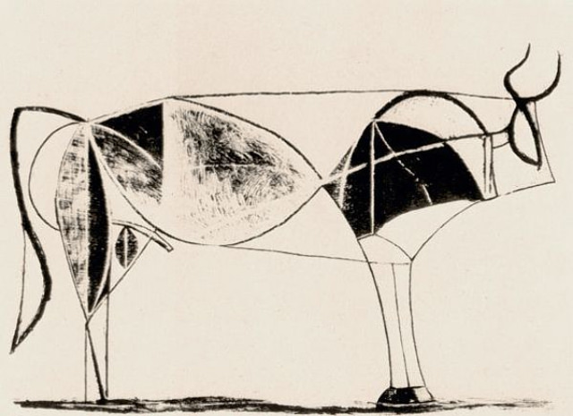 Plate 7: As Picasso recognizes the balance of form in the bull, he starts to remove and simplify some of the lines of construction that have served their function.