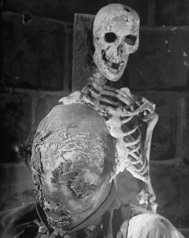 Skeletons left over from the acid vat victims, appearing in production at the Grand Guignol Theater.