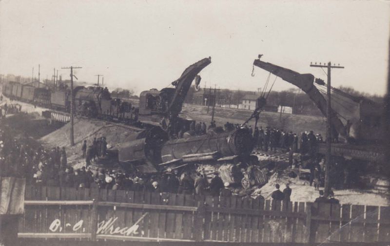 B&O railroad engine lifted after tracks undermined, Massillon, Ohio, 1913