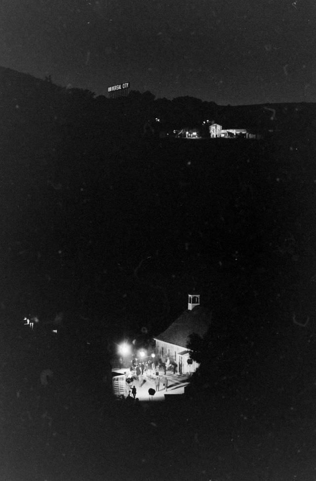 A night view of the Universal studio lot, Hollywood, 1963.