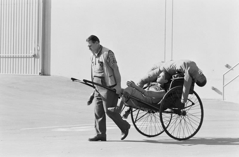 A prop man pulled a cart at the Universal studio lot, 1963.