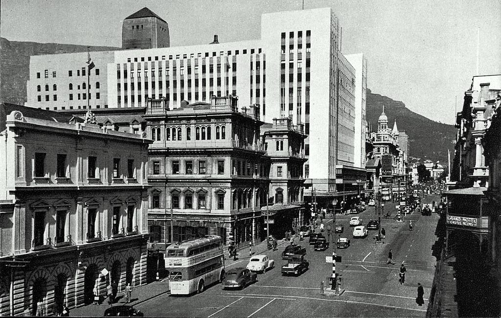 Adderley street, 1950. Busy scene in Adderley street during 1950 with the brand new O. K. Bazaars (white building) standing tall.