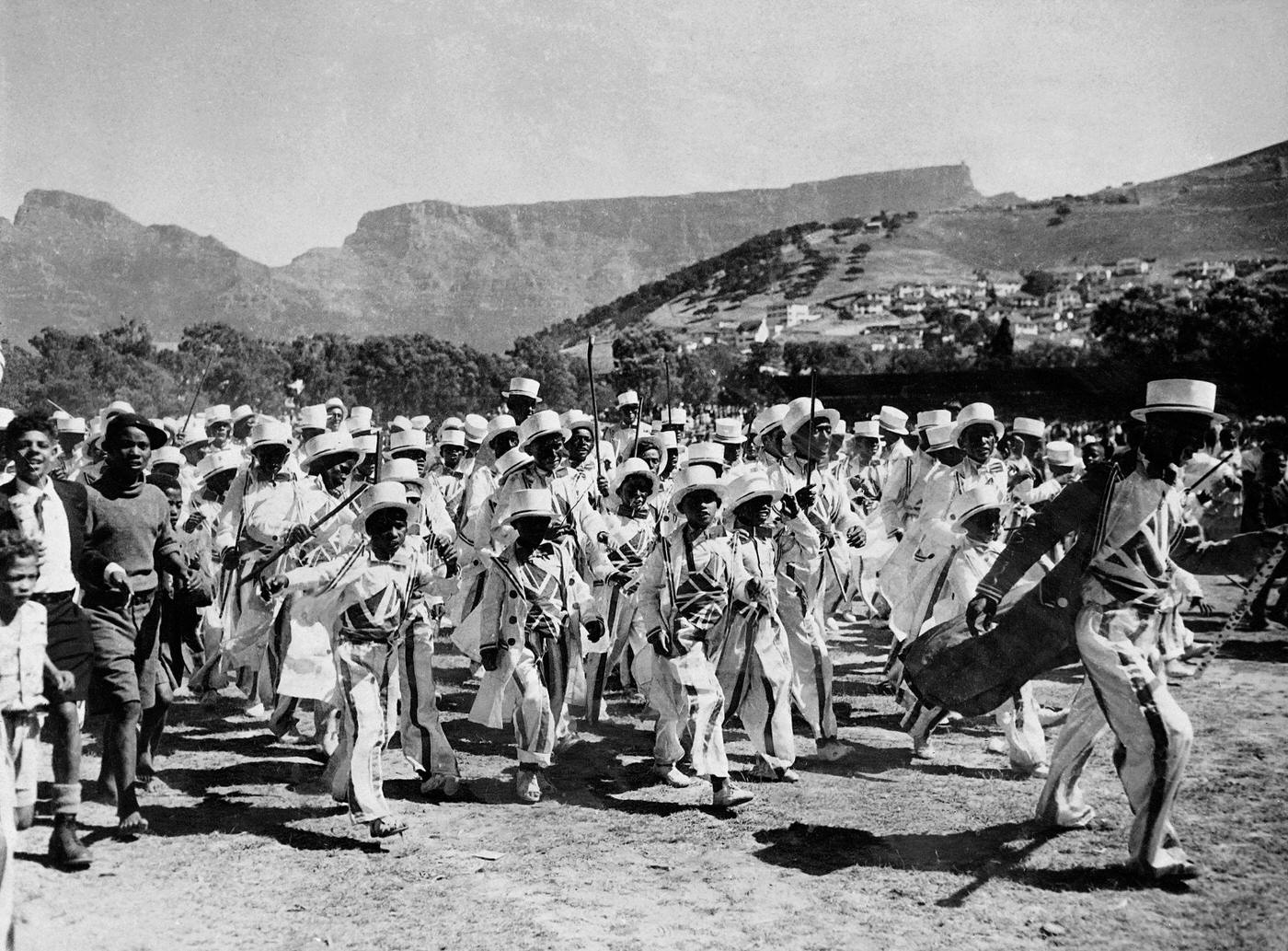 Cape Town parade on January 1, 1950 during the New Year holiday wearing costumes inspired by American military uniforms of 19th century