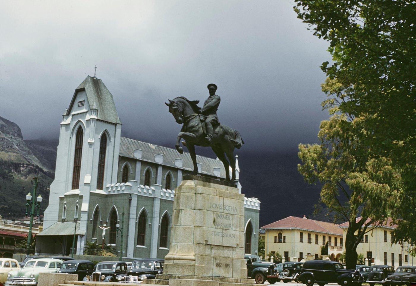 St Mary's Roman Catholic Cathedral and the equestrian statue of Louis Botha on the corner of Roeland Street and Plein Street in the city of Cape Town, 1950s