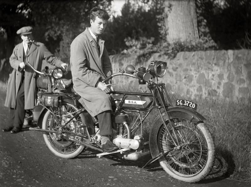 BSA motorcycle, somewhere in Scotland, 1922