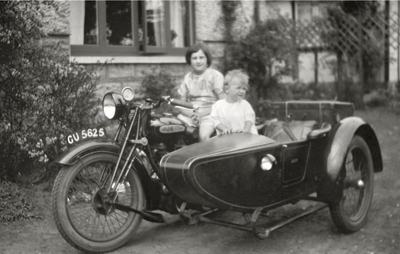 AJS motorcycle and sidecar at Wroxham, Norfolk Broads, England, 1929