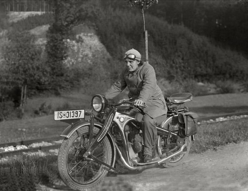 BMW R2 single cylinder motorcycle, somewhere in Germany, circa 1930s