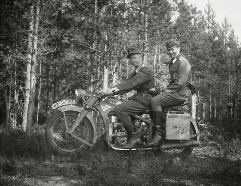 German soldiers on a Zündapp motorcycle during WWII