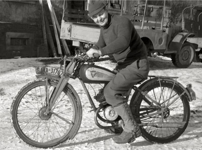 American soldier on a 1938-39 Victoria motorcycle, somewhere in Germany, 1945