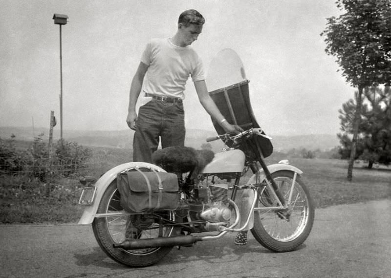 Puch motorcycle and rider, somewhere in Austria, 1951