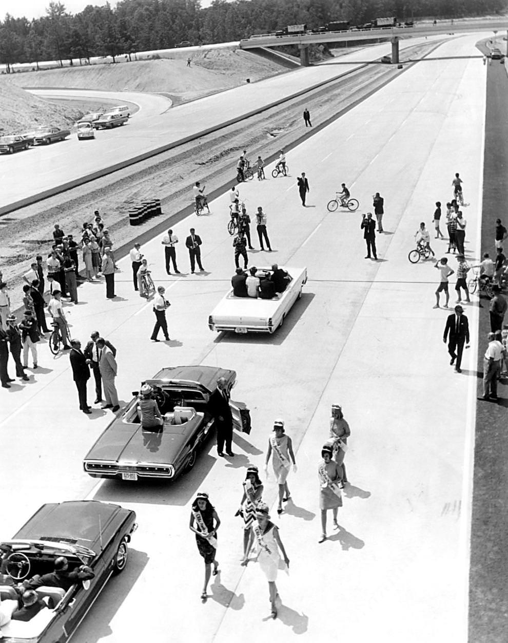 Beauty queens and convertibles gathered on Interstate 64 to celebrate a new 9-mile stretch of highway from the Bryan Park area at I-95 to Short Pump in Henrico County, 1967.