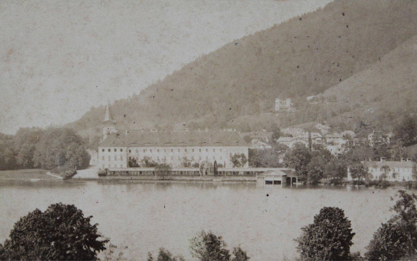 Tegernsee, lake and monastery view, 1880.