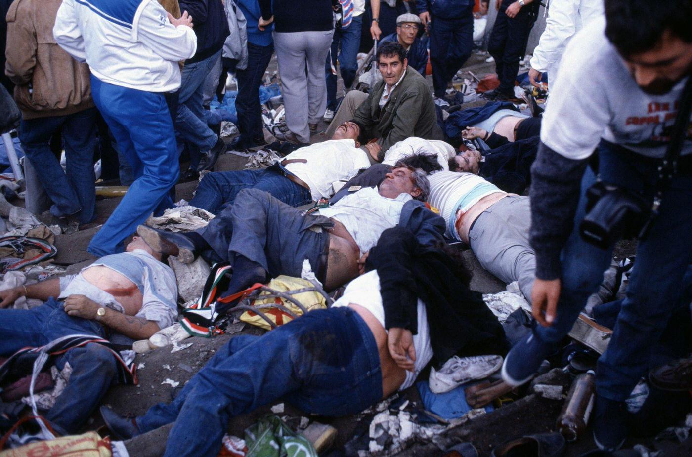 Dead and Injured Fans Amid Debris, Juventus vs. Liverpool, 1985.