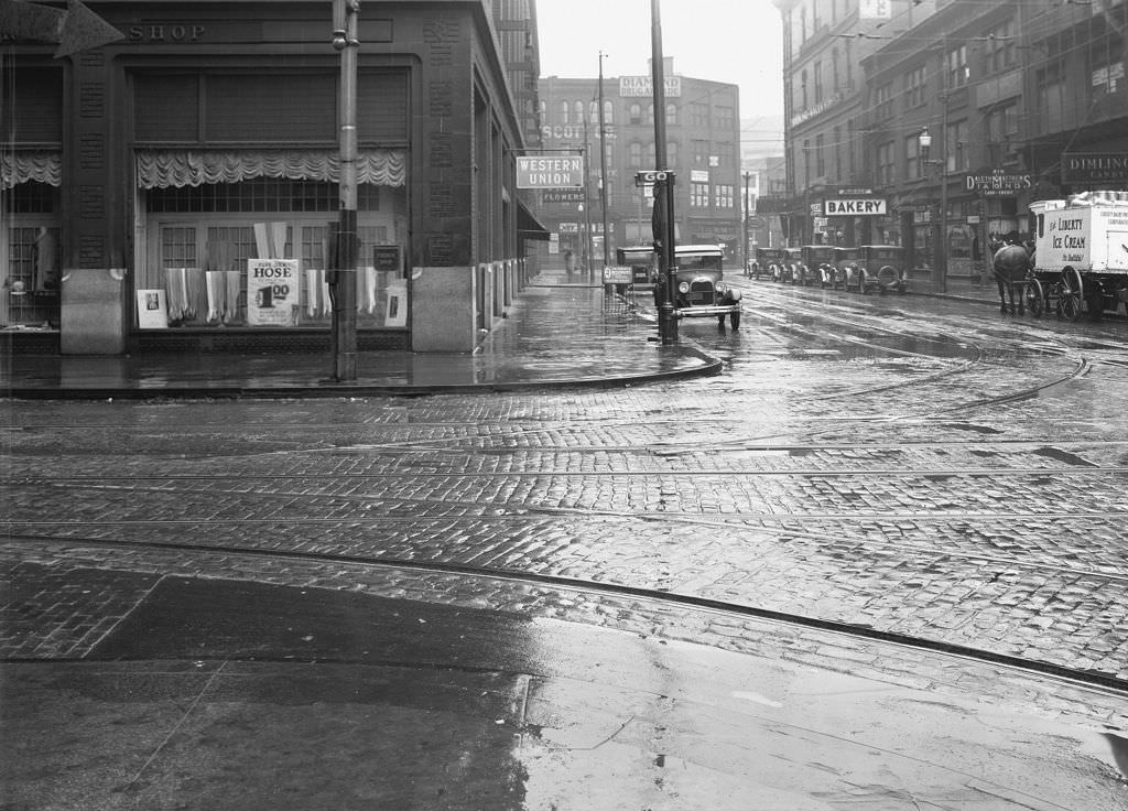 Penn and Stanwix Streets, Featuring the French Shop and Others, 1929.