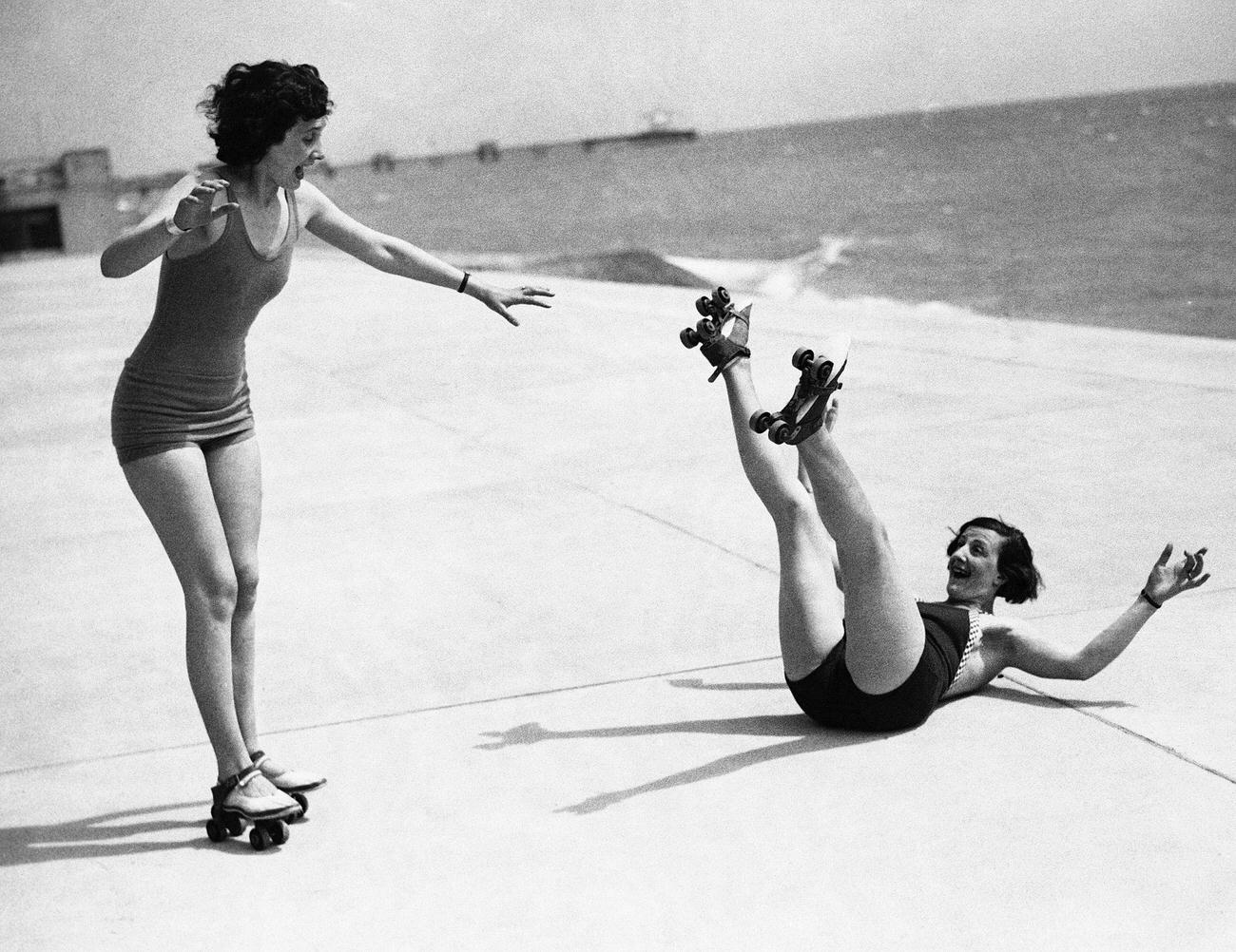 A Girl Falls While Roller Skating on the Hastings Front.