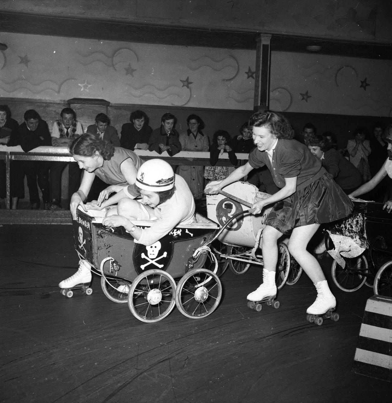 Pram Race at London's Forest Gate Roller Skating Arena, 1955