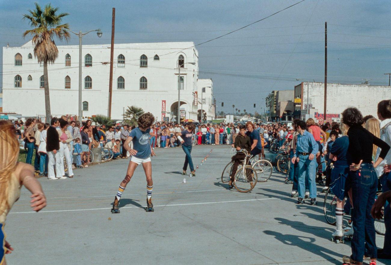 Crowd Watches Roller Skating Slalom Tricks at Venice Beach, Los Angeles, circa 1979
