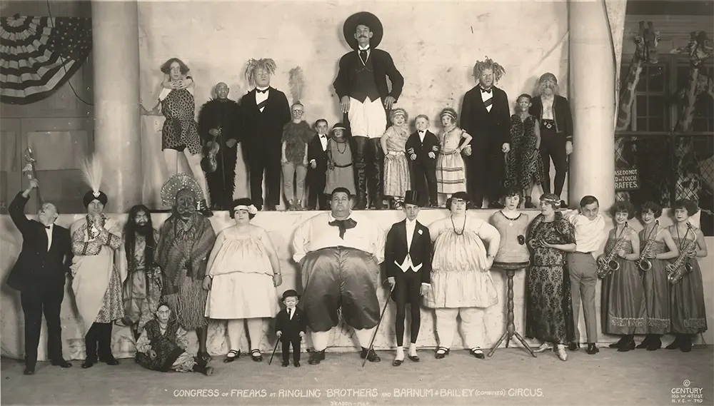 A 1924 “class photograph” of sideshow acts in the Ringling Brothers and Barnum & Bailey Circus. George Muse is third from left, upper row; Willie is third from right.