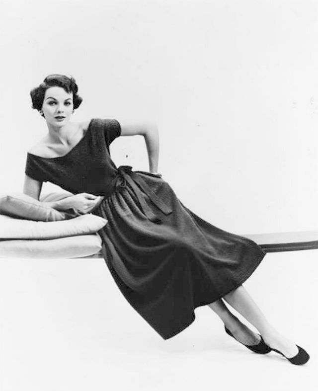 Linda Harper in a short-sleeved knit dress by Bonnie Cashin for Guttman Bros., 1954.