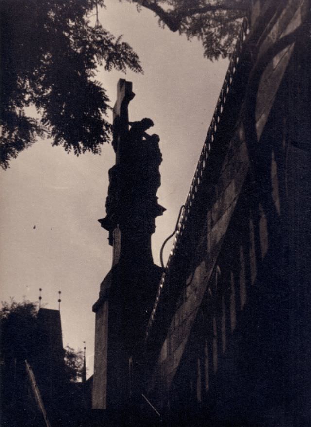 Scenic view of Charles Bridge in Prague, 1945.