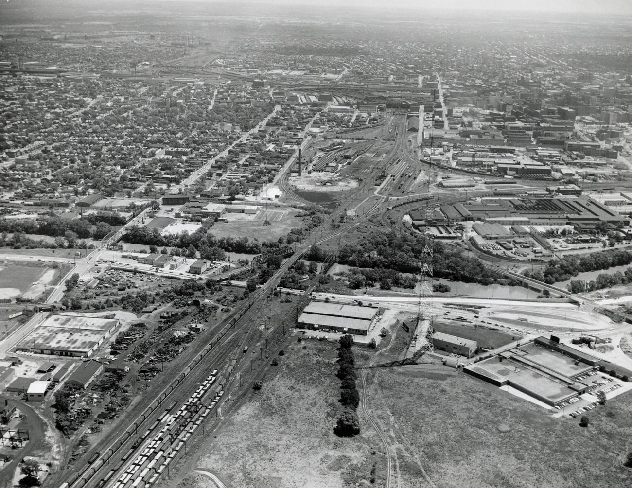Aerial photograph looking east from Olentangy River Road and Goodale Boulevard, 1957.
