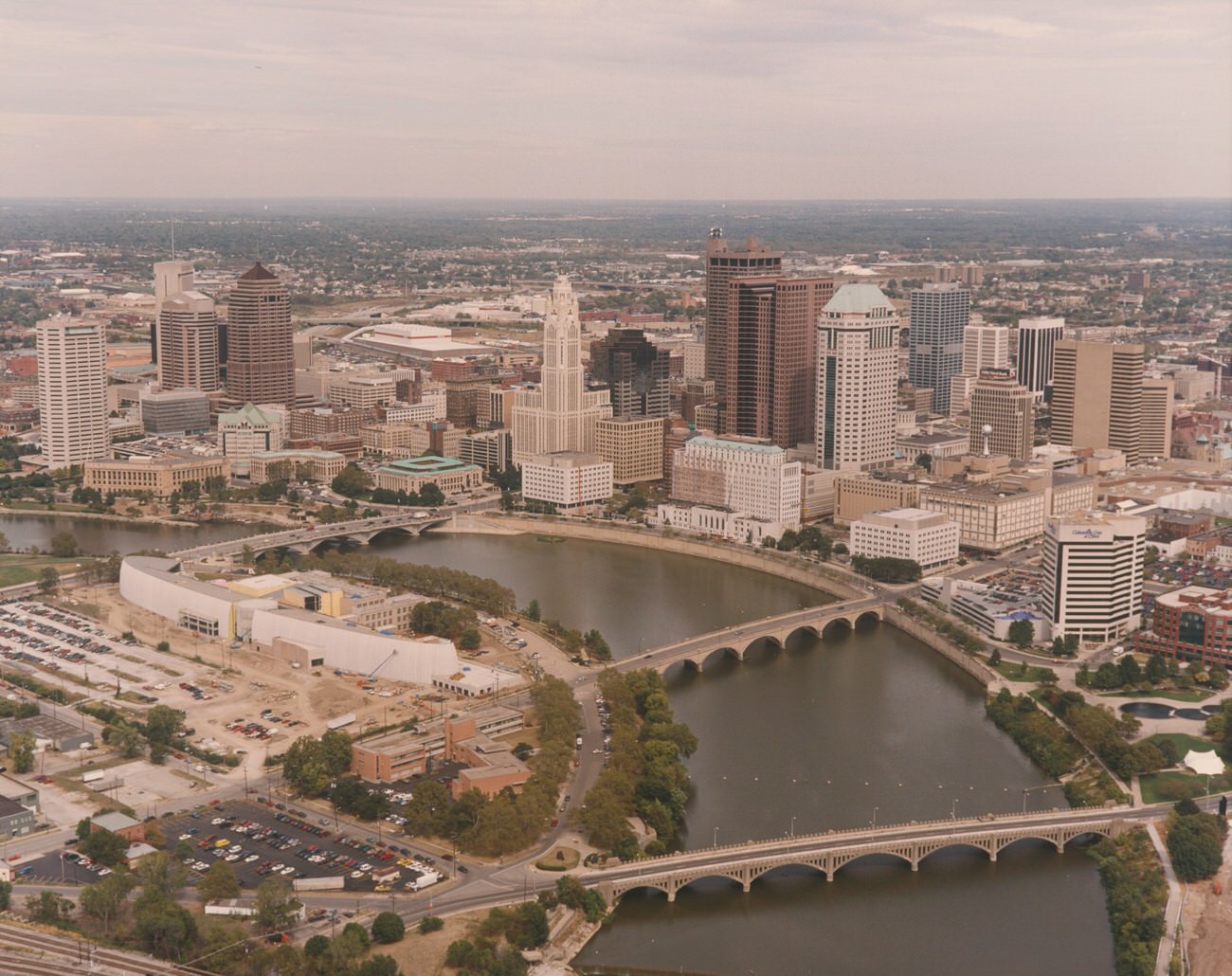 Aerial view of the downtown Columbus riverfront during COSI construction, 1998 or 1999.