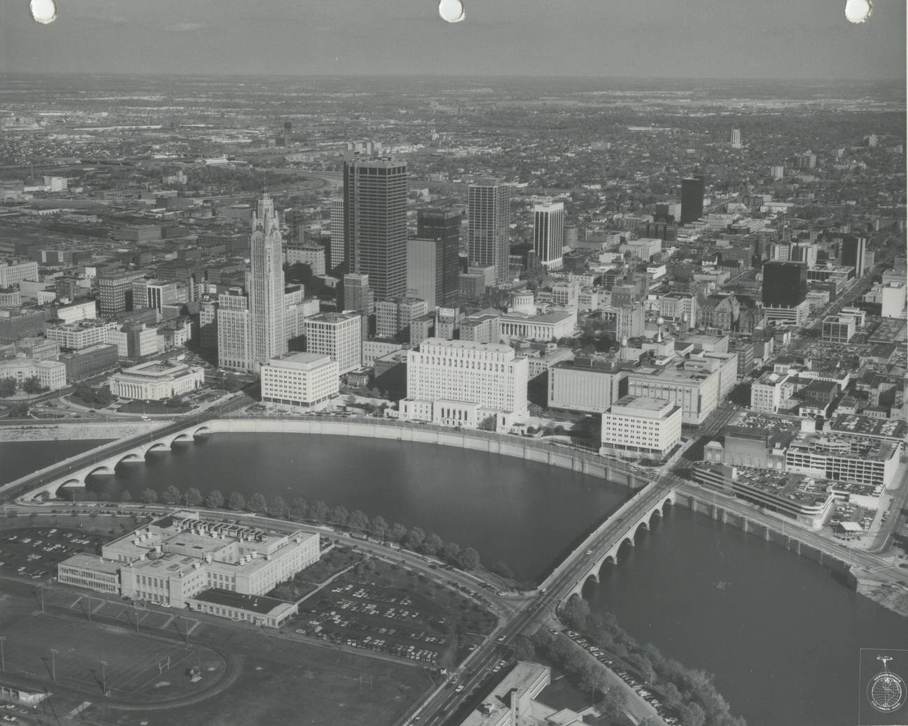 Aerial view of downtown Columbus looking northeast across the Scioto River, 1973.