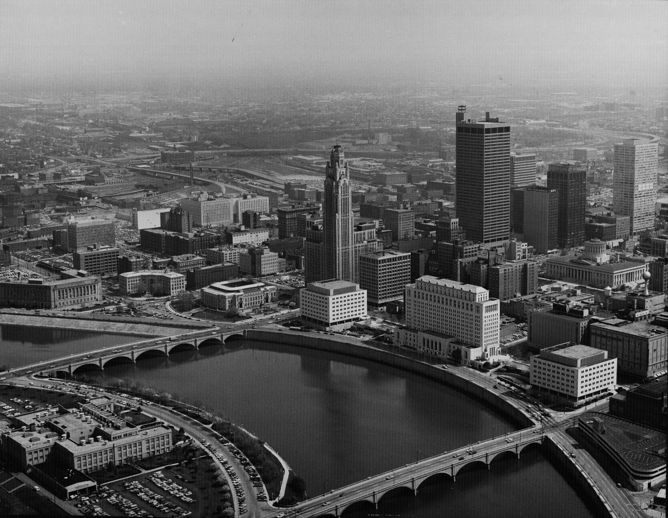 Aerial view of downtown Columbus looking northeast across the Scioto River, 1975.