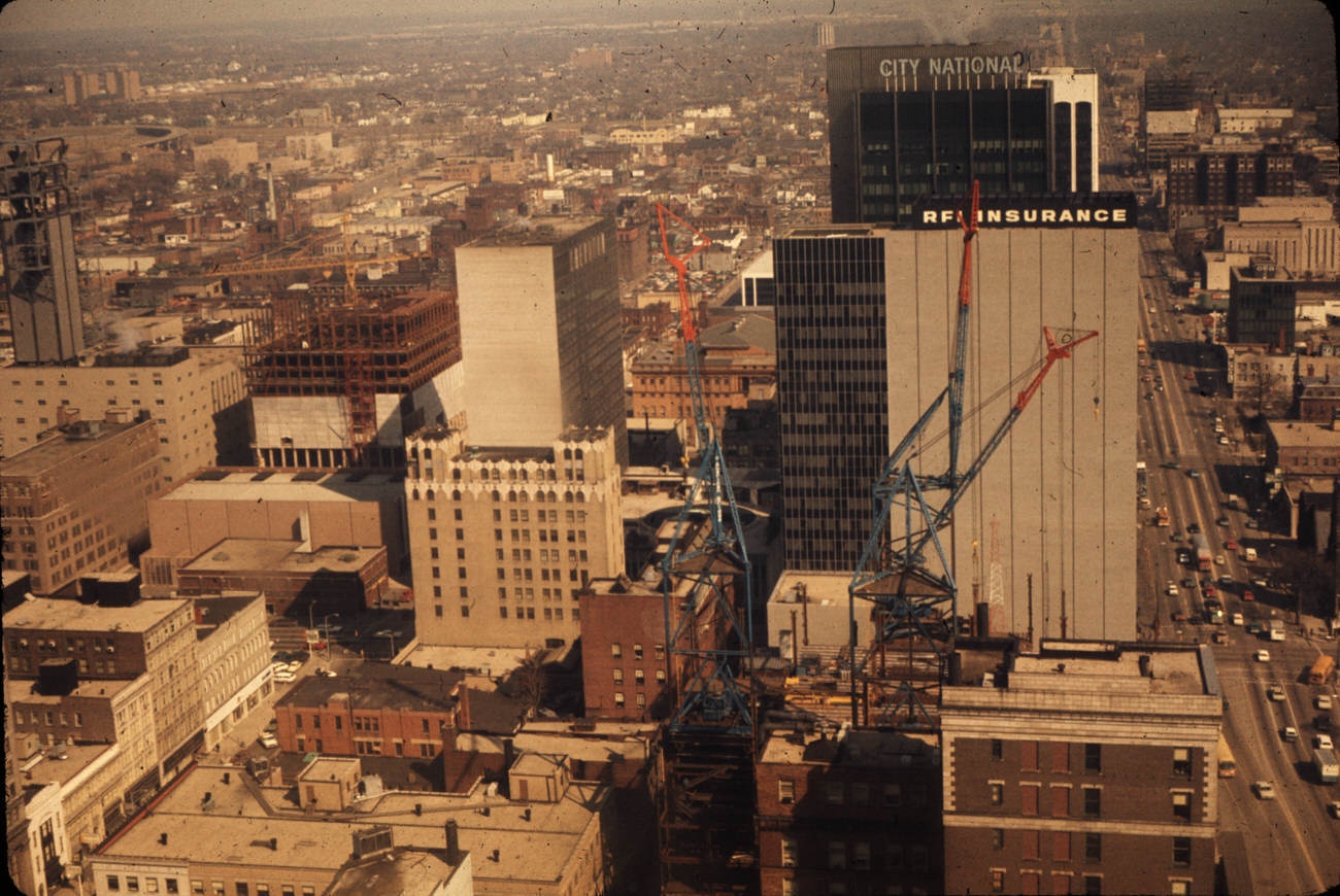 Aerial view of East Broad Street looking east toward Rhodes Office Tower and Ohio Bell Telephone Company Construction, 1972.