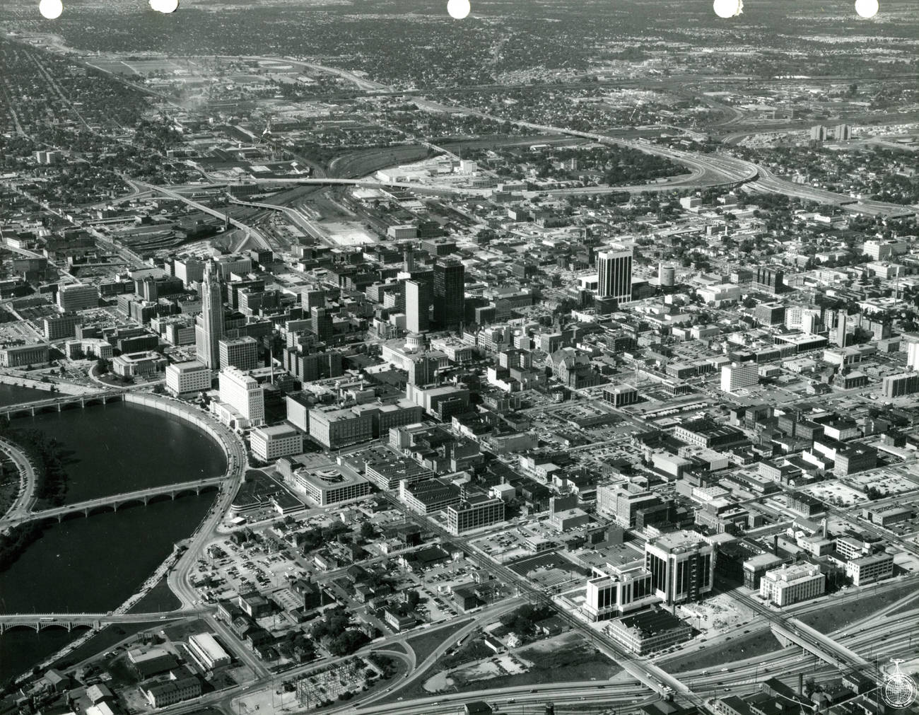 Aerial view of downtown Columbus looking north from the Brewery District, 1971.