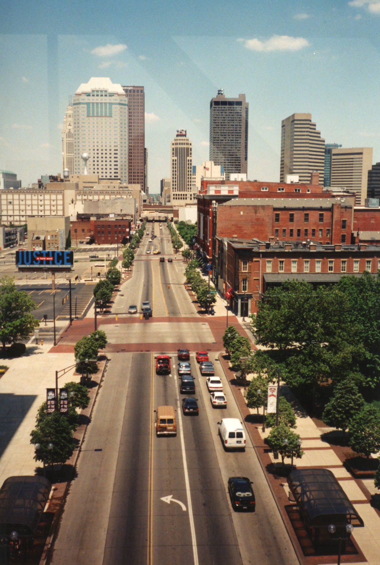 Aerial view looking north along High Street from Fulton Street, featuring prominent buildings, May 29, 1999.