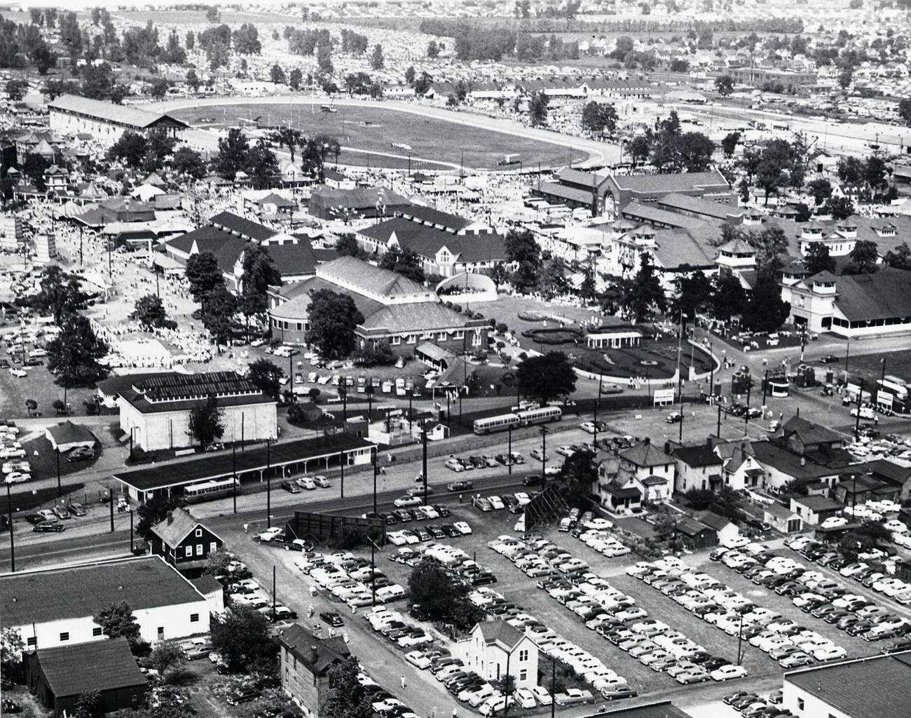 Aerial view of the Ohio State Fairgrounds, looking northeast from near East 11th Avenue, early 1950s.