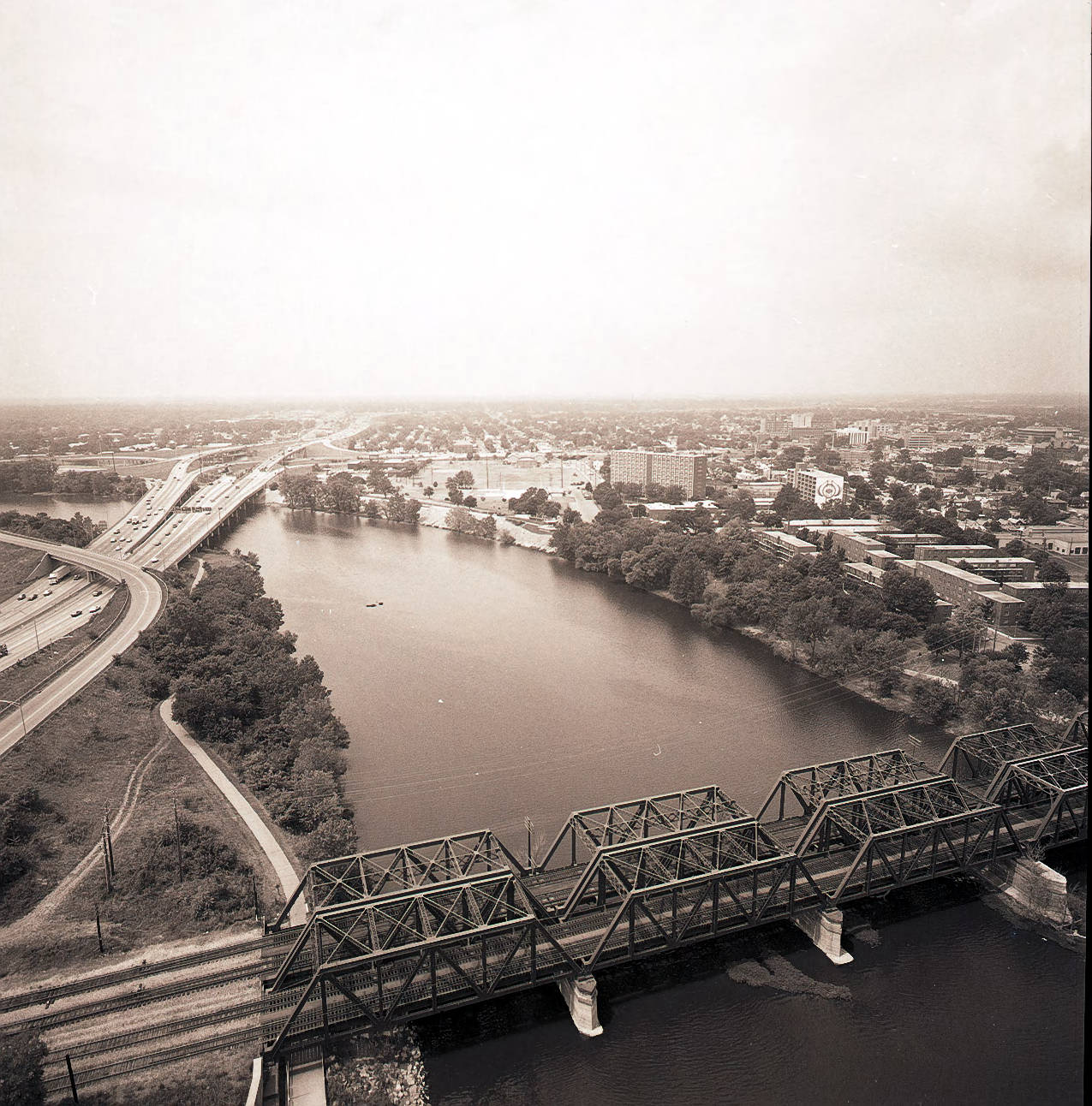Aerial views of Columbus looking south and west along the Scioto River, 1984.
