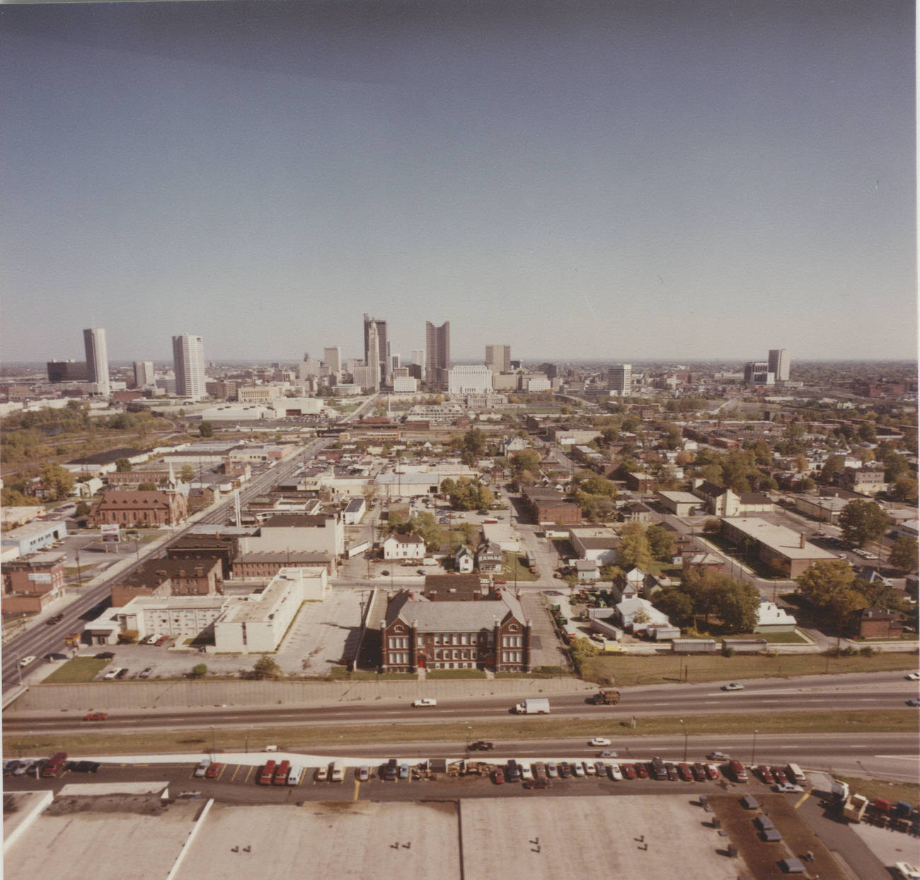 Aerial views from Route 315 looking east across Franklinton toward downtown Columbus, 1985.