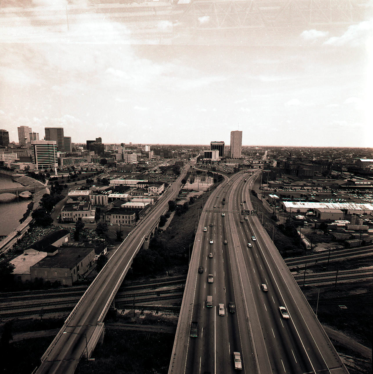 Aerial views looking east toward southern downtown Columbus, 1984.