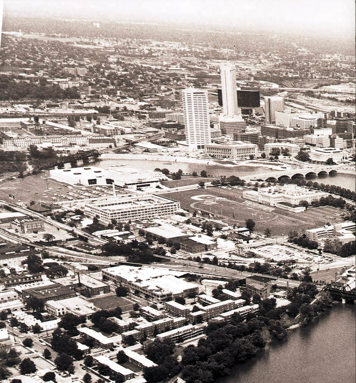 Aerial views of downtown Columbus, with early construction of the Huntington Center, circa 1984.