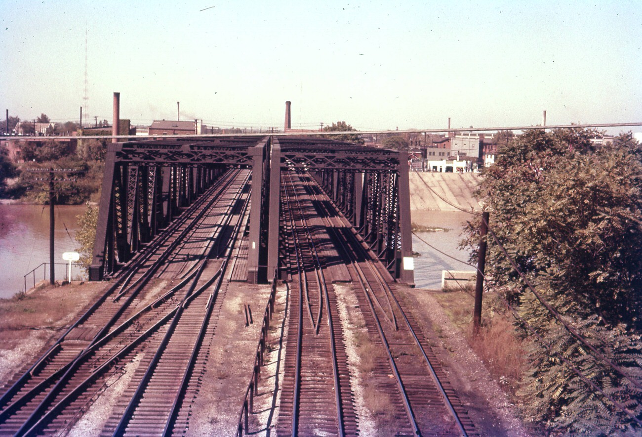 Chesapeake and Ohio (C&O) railroad truss bridge over the Olentangy River, looking east to downtown, September 1957.