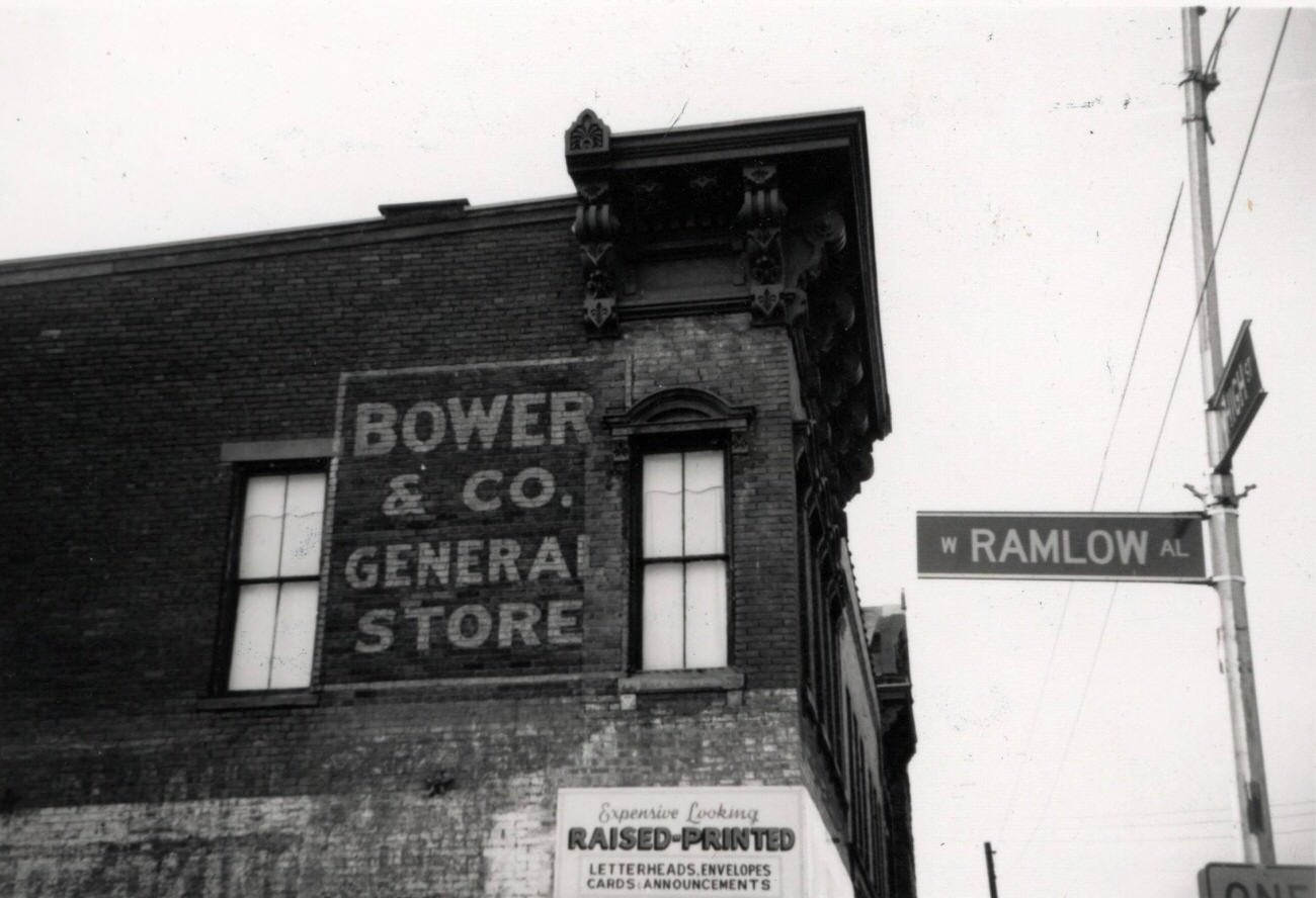 Bower & Co. general store advertisement, North High Street between West Dodridge and Ramlow Alley, 1990s