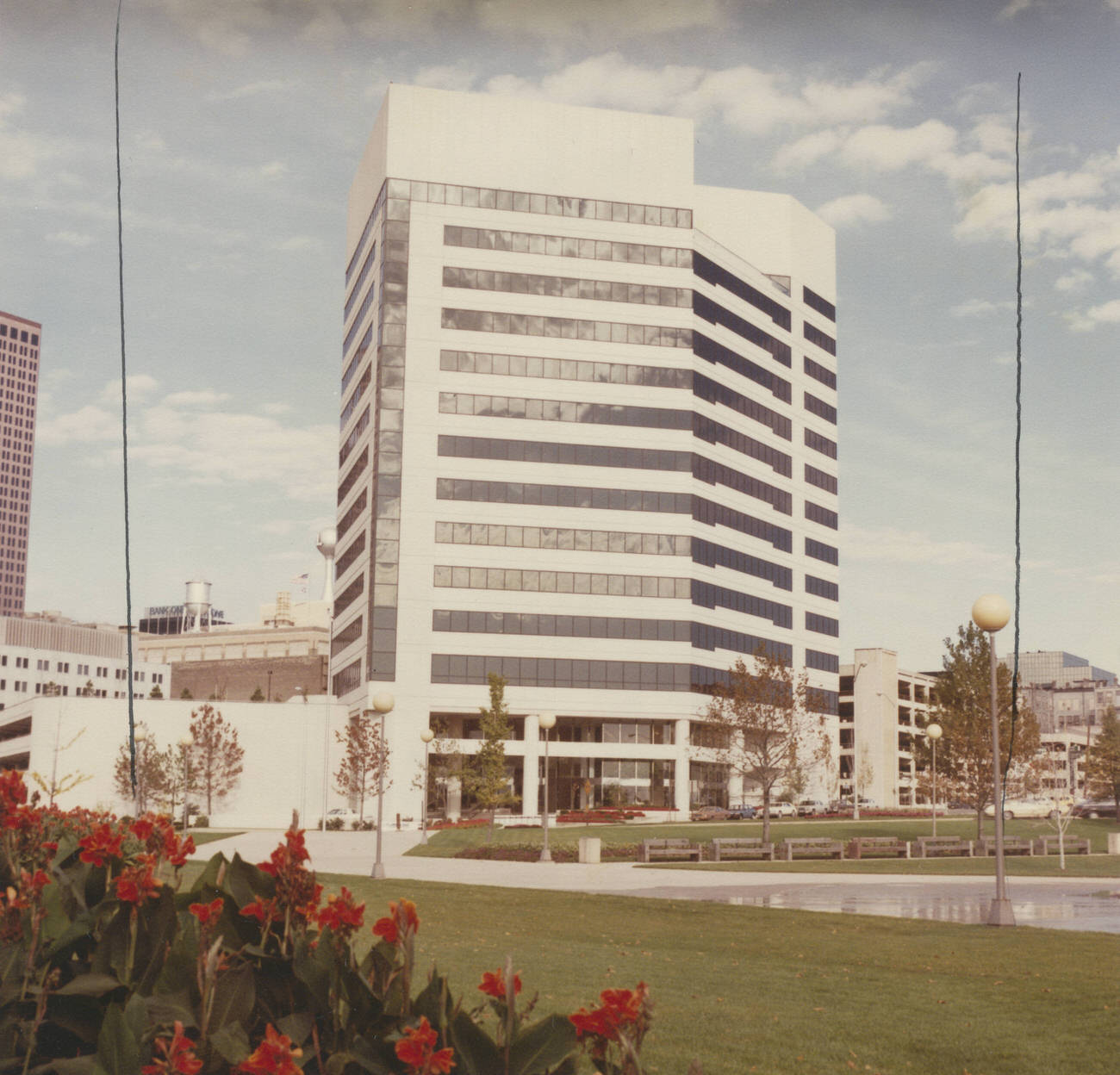 Columbia Gas of Ohio building, opened on July 25, 1983, with 259,000 square feet on 14 floors, cost $30 million, view from Bicentennial Park, Circa 1980s