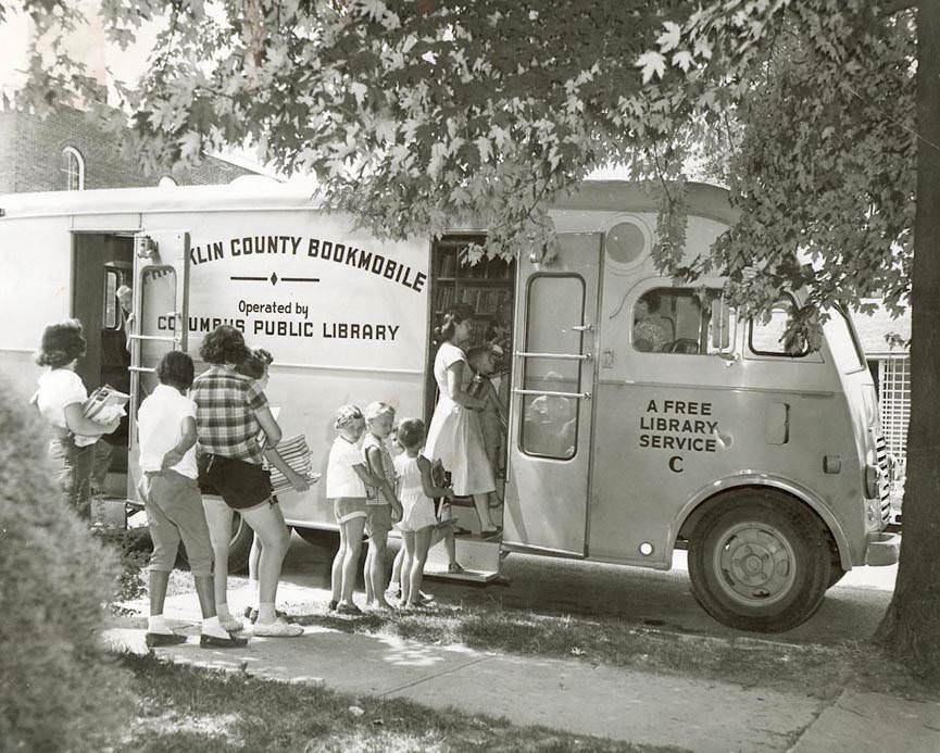 Columbus Metropolitan Library bookmobiles, first entered service in 1950, bookmobile labeled "Franklin County Bookmobile" and "Operated by the Columbus Public Library," 1950s